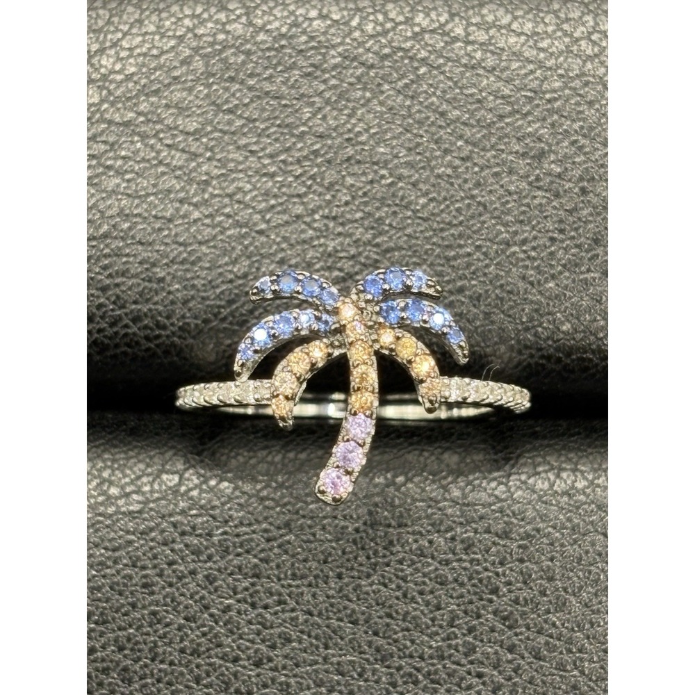 New Condition Blue Pink Purple Cubic Zirconia Palm Tree Ring Size 7 E5
